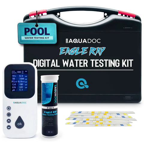 Digital Pool Water Tester Kit With 30 Strips And Digital Reader For Total Chlorine Free Chlorine Bromine Total Hardness Cyanuric Acid Alkalinity And pH No Guesswork Easy Readouts, includes case, reader, test strips, and tube