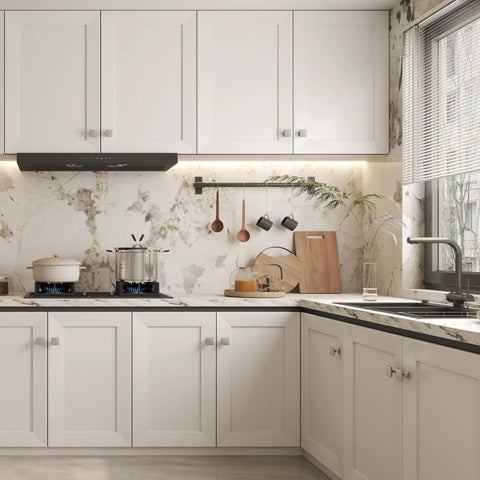 Sweet Brushed Nickel Cabinet Knobs 6 Pack Premium Zinc Alloy Square Drawer Pulls shown in a modern kitchen setting.