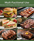 Multifunctional cooking with grill showing hamburgers, bacon, sandwiches, kebabs, sausages, and steak on various surfaces.