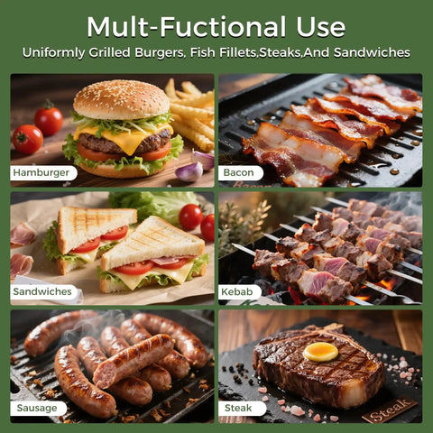 Multifunctional cooking with grill showing hamburgers, bacon, sandwiches, kebabs, sausages, and steak on various surfaces.