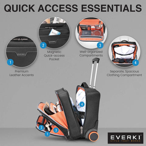 Your Go To Carry On Rolling Laptop Briefcase For 16 Inch Laptops, open view showing compartments, orange interior lining