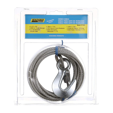 Heavy Duty 3/16 Inch X 25 Ft Steel Winch Cable With Galvanized Safety Hook For Boats And Trailers in packaging.