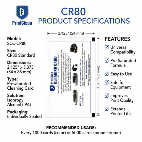 Top Tier CR80 Heavy Duty Presaturated Cleaning Cards 10 Pack for ID Badge Printers specifications card image, features and usage details.