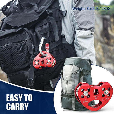 Zipline Pulley 25KN Aluminum Alloy Trolley With Stainless Steel Bearings For Smooth Glide attached to backpack
