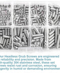 Industrial Grade M5 Hex Set Screws In 304 Stainless Steel With Internal Hex Drive Headless Cup Point 210-Piece Assortment.