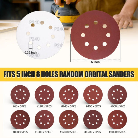 5 Inch 8 Hole Orbital Sander Pad Replacement Kit For DeWalt DW420 DW421 DW422 DW423 DW426 And Makita BO5010 BO5030K BO5031K BO5041