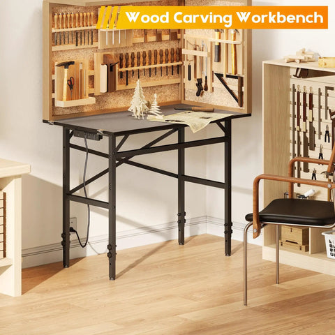 Space Saving 1000 Pound Metal Work Bench For Garage With 38.58 Inch Adjustable Height Table And Built In Power Strip