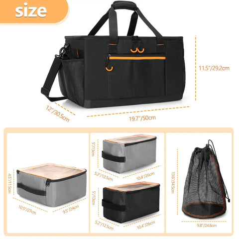 Camping Gear Organizer Set With Three Packing Cubes And One Mesh Pocket In A Handy Carrying Bag showing dimensions