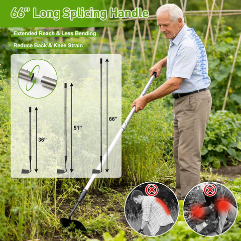 Man using Heavy Duty Garden Draw Hoe With 60 Inch Handle For Easy Weeding And Tilling Stand Up Garden Tool in garden