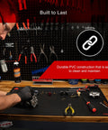 Mechanic using 18 Inch By 32 Inch Workbench Mat Durable Black Vinyl Surface Non Slip Grip Oil And Grease Resistant Easy To Clean