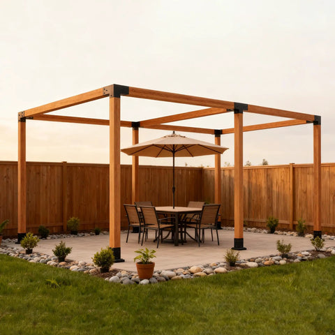 Beefed Up Iron Pergola Bracket Kit For 4x4 Posts With 3 Way And 4 Way Corner Brackets Includes Metal Base And Screws For Gazebos And Pergolas Built To Last installed on wooden posts
