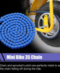 Blue 35 Chain with Breaker for Mini Bikes, Go Karts and more, 140 Links, shown with sprocket on vehicle, Plug and Play, ride ready.
