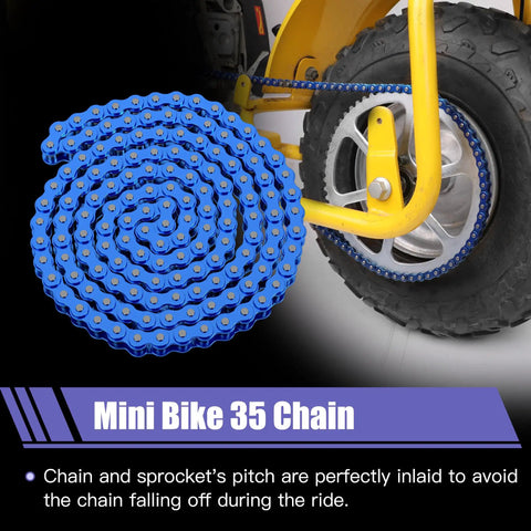 Blue 35 Chain with Breaker for Mini Bikes, Go Karts and more, 140 Links, shown with sprocket on vehicle, Plug and Play, ride ready.