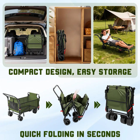Heavy Duty Folding Wagon 2 In 1 Collapsible Cart Transforming Into Beach Chair With 650 Lb Capacity All Terrain Wheels