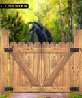 Wooden gate with Two Pack Self Closing Gate Hinges For Wood And Vinyl Fences Heavy Duty Gate Closers, black finish outdoors