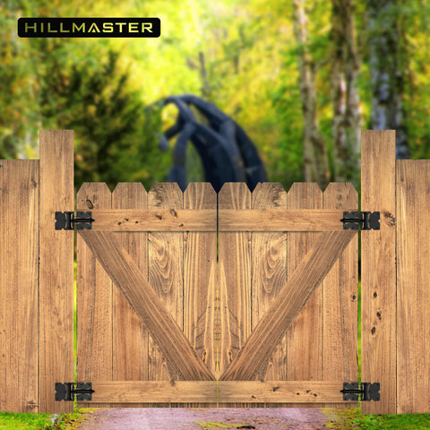 Wooden gate with Two Pack Self Closing Gate Hinges For Wood And Vinyl Fences Heavy Duty Gate Closers, black finish outdoors