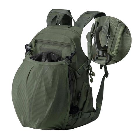15L Ranger Green Compact Tactical Backpack with MOLLE, detachable helmet mesh, 600D polyester, YKK zippers, built for outdoor use
