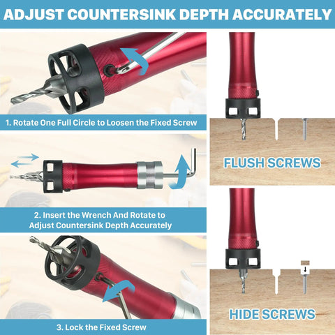Steps to adjust countersink depth on Pro Grade 10 In 1 Countersink Drill Bit Set With Depth Stop And Chamfer Tool.
