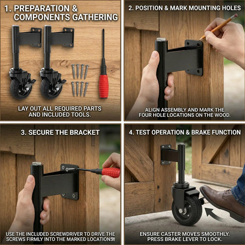 Assembly instructions for Heavy Duty Workhorse 4 Inch Galvanized Steel Gate Wheels With Locking Foot Brake Black 2 Pack.