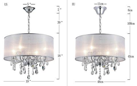 Crystal Pendant Drum Chandelier in Chrome Finish, Four Light LED Ceiling Fixture shown with US and EU measurements
