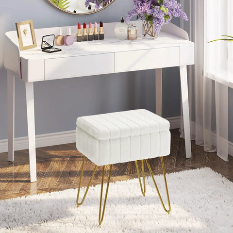 Faux Fur Vanity Stool With Hidden Storage Soft Padded Seat On Four Metal Legs With Anti Slip Feet Modern Makeup Chair