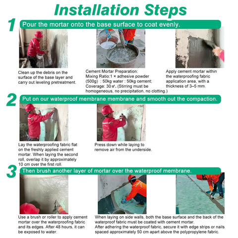 Installation steps for Heavy Duty Waterproof Membrane Roll For Indoor Outdoor Projects Built To Last flexible DIY water barrier.