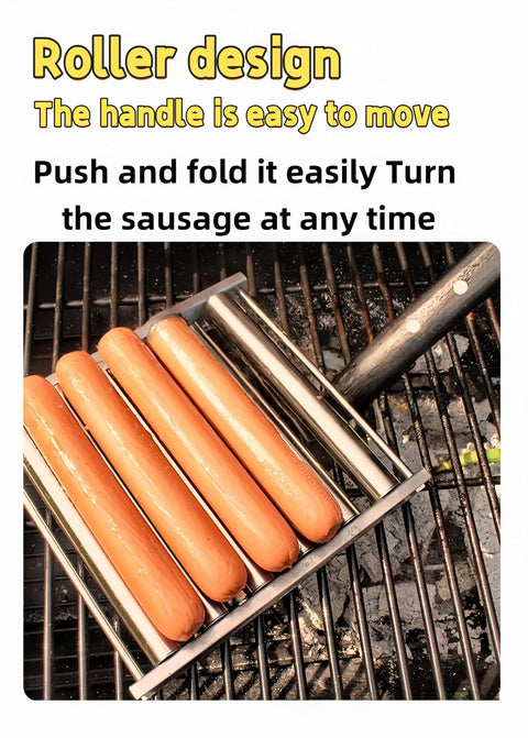 Cool-Touch Hot Dog Roller With Extra Long Wooden Handle Stainless Steel Grill Accessory for gas charcoal and electric grills