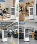 Beast Mode 4500 CFM Evaporative Air Cooler Slices Through Summer Heat With 13.2 Gallon Tank, 90 Degree Pivot, 8 Hour Timer And Wireless Remote in living room, shop, factory, and garage settings.