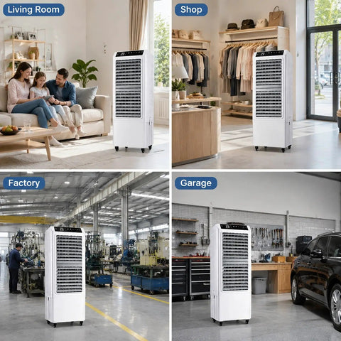 Beast Mode 4500 CFM Evaporative Air Cooler Slices Through Summer Heat With 13.2 Gallon Tank, 90 Degree Pivot, 8 Hour Timer And Wireless Remote in living room, shop, factory, and garage settings.