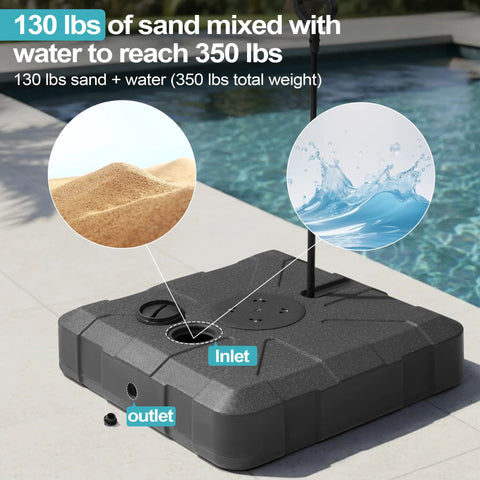 Outdoor Cantilever Umbrella Base With Wheels, Beefy 350 Lb Weighted Stand on patio with sand and water filling for stability