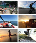 Hydraulic Leveling Mount For Action Cameras used with GoPro capturing diverse outdoor activities like biking and boating, showcasing versatility.