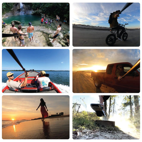 Hydraulic Leveling Mount For Action Cameras used with GoPro capturing diverse outdoor activities like biking and boating, showcasing versatility.