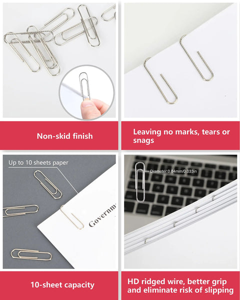 Image showing No Slip Paper Clips Set, 600 Count In Six Boxes Of 100 Each, One And Two Sevenths Inch By One Third Inch, Heavy Gauge Steel with ridged wire in use on paper demonstrating grip and non-slip finish.