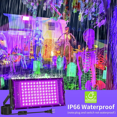 100W LED Black Light Flood Light 2 Pack Totally Lit Ultra Bright UV Glow for Halloween waterproof IP66 outdoor display