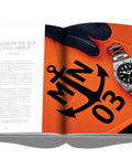 Open page of Watch Nerds Guide A Rich Coffee Table Book On Timepieces with dive watch illustration and anchor graphic
