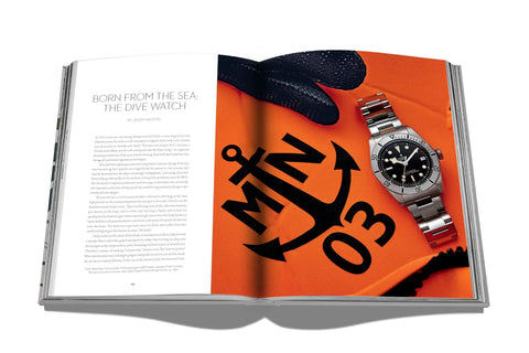 Open page of Watch Nerds Guide A Rich Coffee Table Book On Timepieces with dive watch illustration and anchor graphic