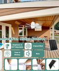 Solar Powered Ceiling Fan With 30W Solar Panel And 20000mAh Battery, installed in an outdoor patio, remote control visible.