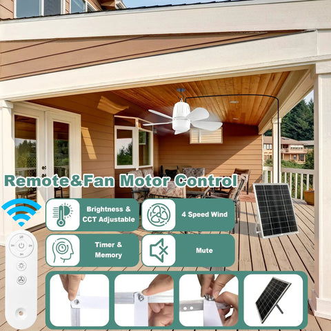Solar Powered Ceiling Fan With 30W Solar Panel And 20000mAh Battery, installed in an outdoor patio, remote control visible.