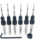 Six Piece 9 64th Inch Wood Countersink Drill Bit Set With Parabolic Flute Tapered Bits Depth Stop Collar And Hex Wrench