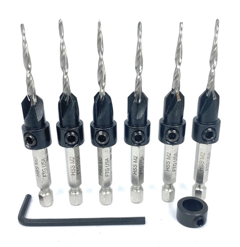 Six Piece 9 64th Inch Wood Countersink Drill Bit Set With Parabolic Flute Tapered Bits Depth Stop Collar And Hex Wrench