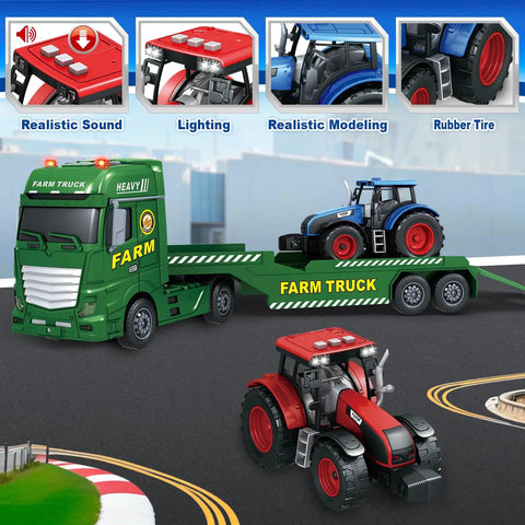 25 Inch Semi Flatbed Truck Toy Set With Two Tractors, Friction Powered Lights And Sounds, 3 In 1 Farm Truck For Toddlers And Kids