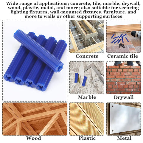 Go To Hardware Package With Two Hundred Expanding Plastic Screw Anchors For Concrete And Drywall Installations Lock Tight Heavy Duty Grip Fits Standard Wall Screws Easy Setup In Blue displaying blue anchors for various surfaces.