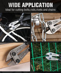 18 Inch Heavy Duty Bolt Cutter With Chrome Molybdenum Steel Jaws cutting bike chain, metal bars, and wire fence.