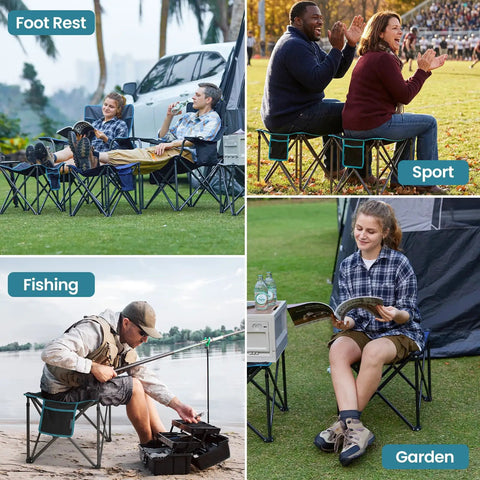 Collage showing uses of Oversized Padded Camping Stool For Adults, in different outdoor settings like fishing and sports.