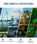 Wide range of applications with images of construction, manufacturing, earthmoving, and agricultural equipment.