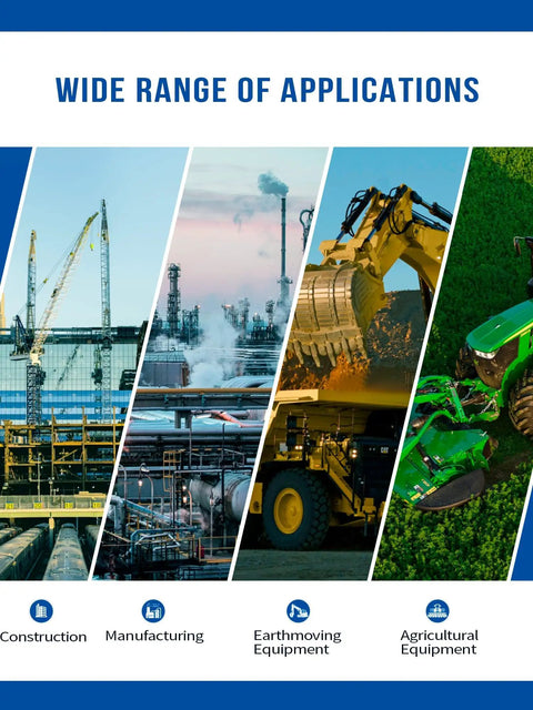 Wide range of applications with images of construction, manufacturing, earthmoving, and agricultural equipment.