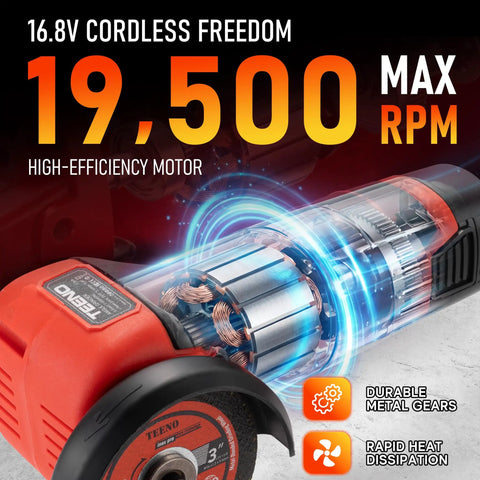 Cordless 3 Inch Angle Grinder Kit With Dual 16.8V 2000mAh Batteries, Six Cutting Discs, Up To 19,500 RPM, motor detail