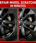 Before and after image showing repaired matte black alloy wheel using Hassle Free Wheel Scratch And Curb Rash Repair Kit Matte Black Rim Paint Pen.