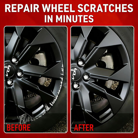Before and after image showing repaired matte black alloy wheel using Hassle Free Wheel Scratch And Curb Rash Repair Kit Matte Black Rim Paint Pen.