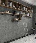 Rock Solid Sliding Barn Door Hardware Kit Featuring Adjustable Rails Smooth Rolling Carriages And Sturdy Floor Guides in use with wall ladder shelving.